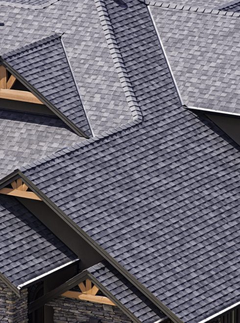 Rooftop in a newly constructed subdivision in Kelowna British Columbia Canada showing asphalt shingles and multiple roof lines